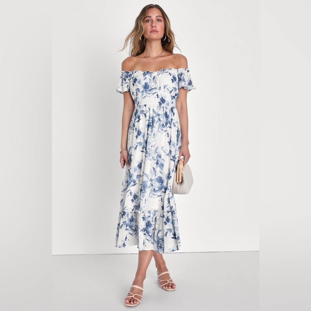 Lulu's Delightfully Sweet White Floral Off-the-Shoulder Midi Dress